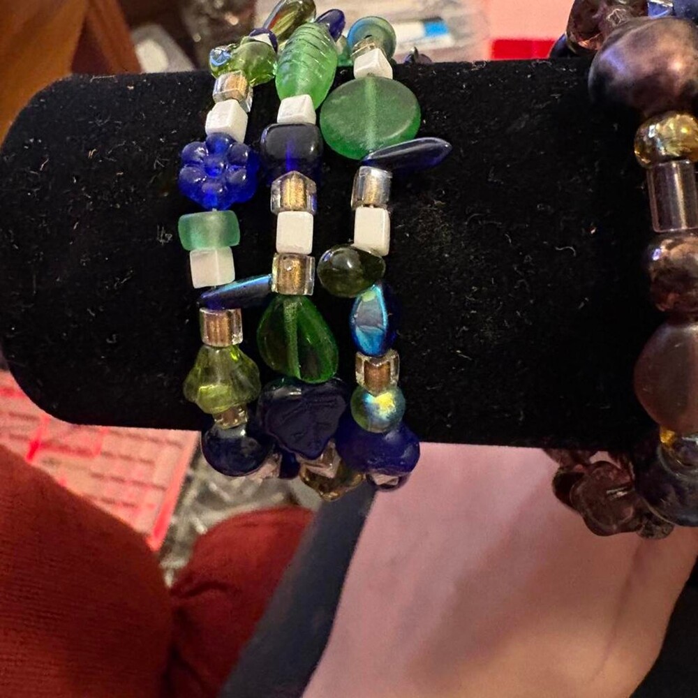 Multi-colored crystal and gemstone beaded wrap bracelet with blue, green, and wh